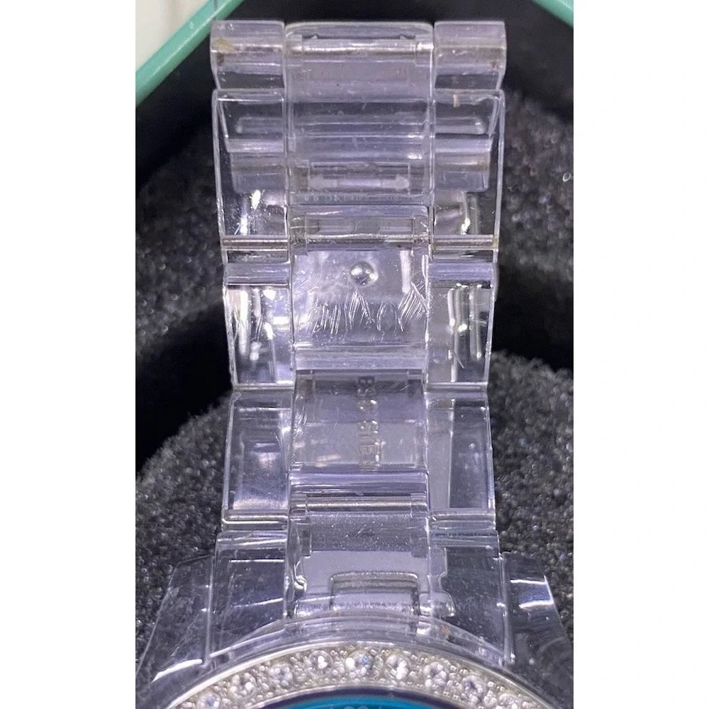 Fossil Womens ES2603 Watch Clear Strap W/Teal Blue Glitz Bezel Face Dazzle EUC